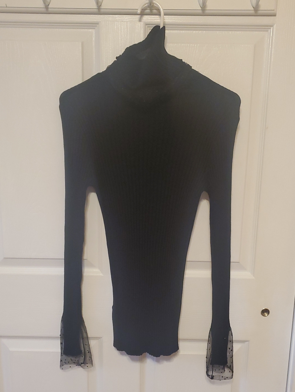 Turtleneck Ribbed Long-Sleeve Top with Sheer Cuff - Black